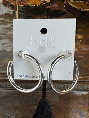 0622-belk Silver Shiny Hoop Earrings - Polished‎ Medium Hoops